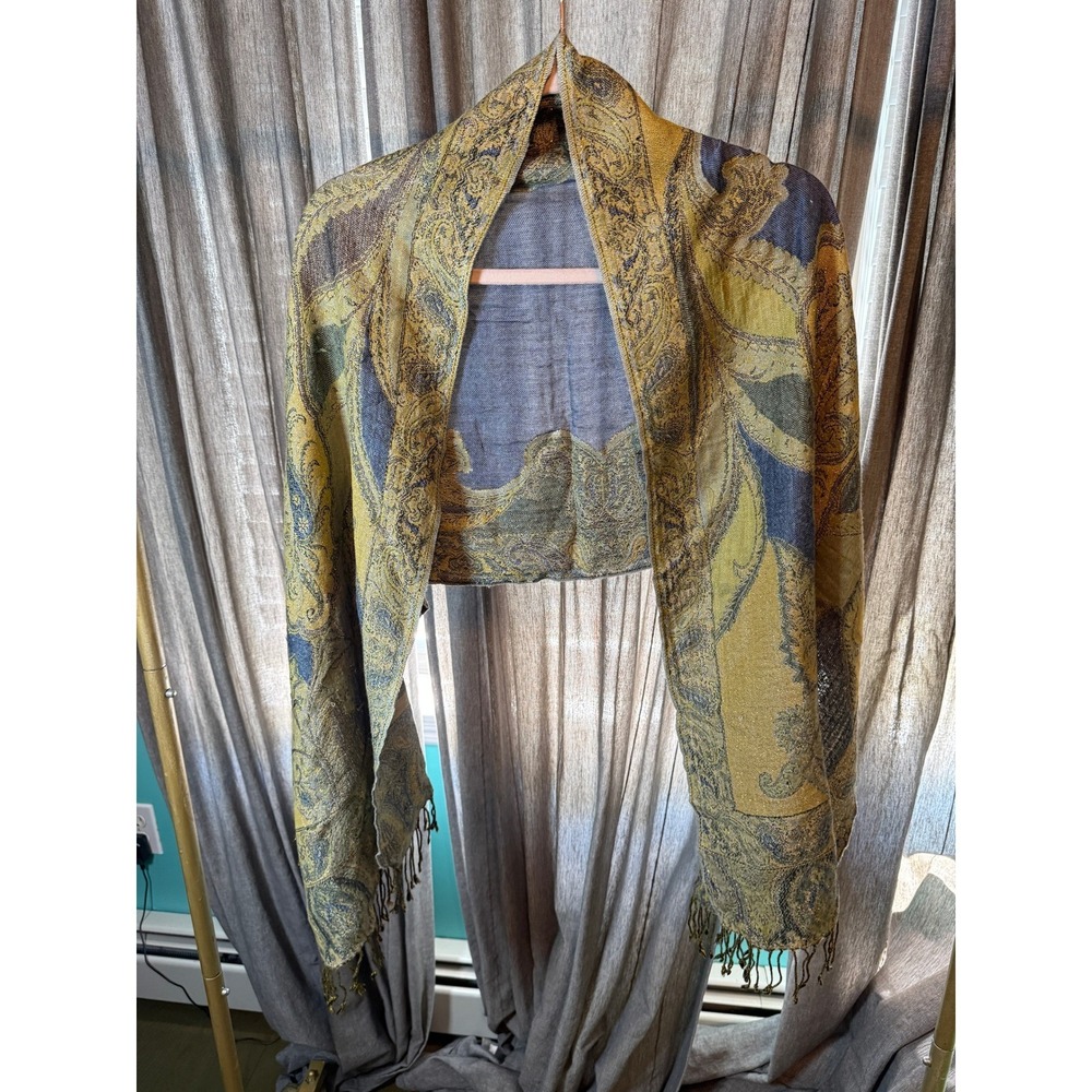 Paisley Pashmina Shawl Scarf‎ Mustard Yellow Navy Blue Metallic Gold Fringe Wrap